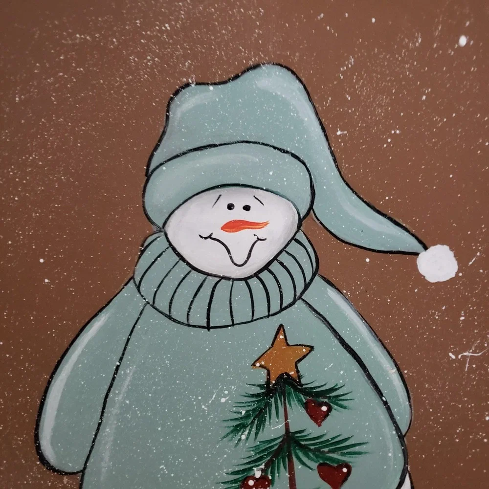 Hand Painted Wood Oval Bowl Folk Art Christmas Snowman Holiday Country Cottage
